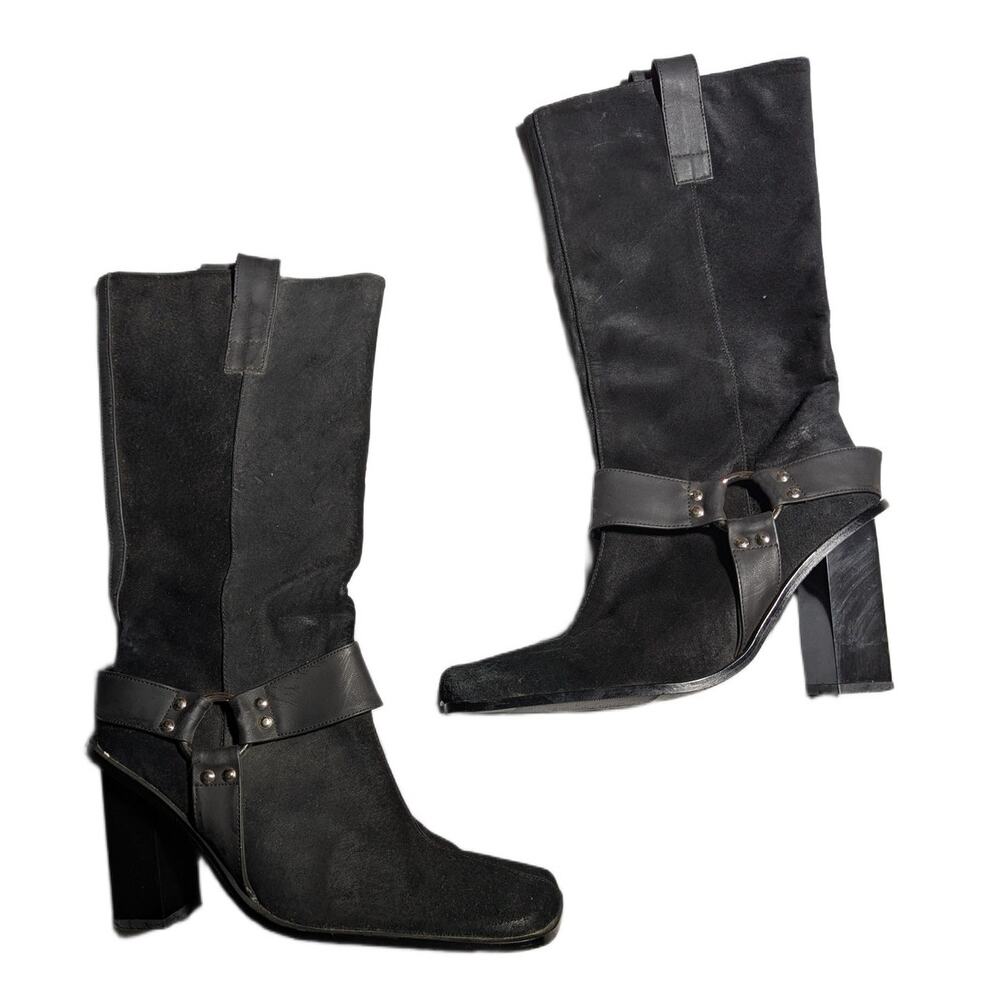 Vtg Y2K Newport News Black Suede Knee High Square Block Heel Harness Boots 7.5